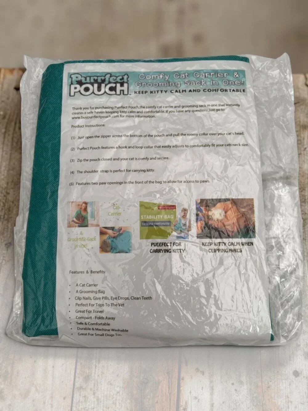 Purrfect Pouch Comfy Cat Carrier & Grooming Sack In One - Teal - Durable & Machi
